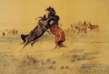  occidental Pintura - El desafío del caballo americano occidental Charles Marion Russell